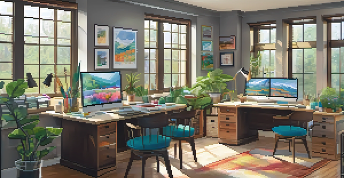 A bright and inviting office space with a dedicated arts and crafts corner, featuring colorful supplies and comfortable seating.