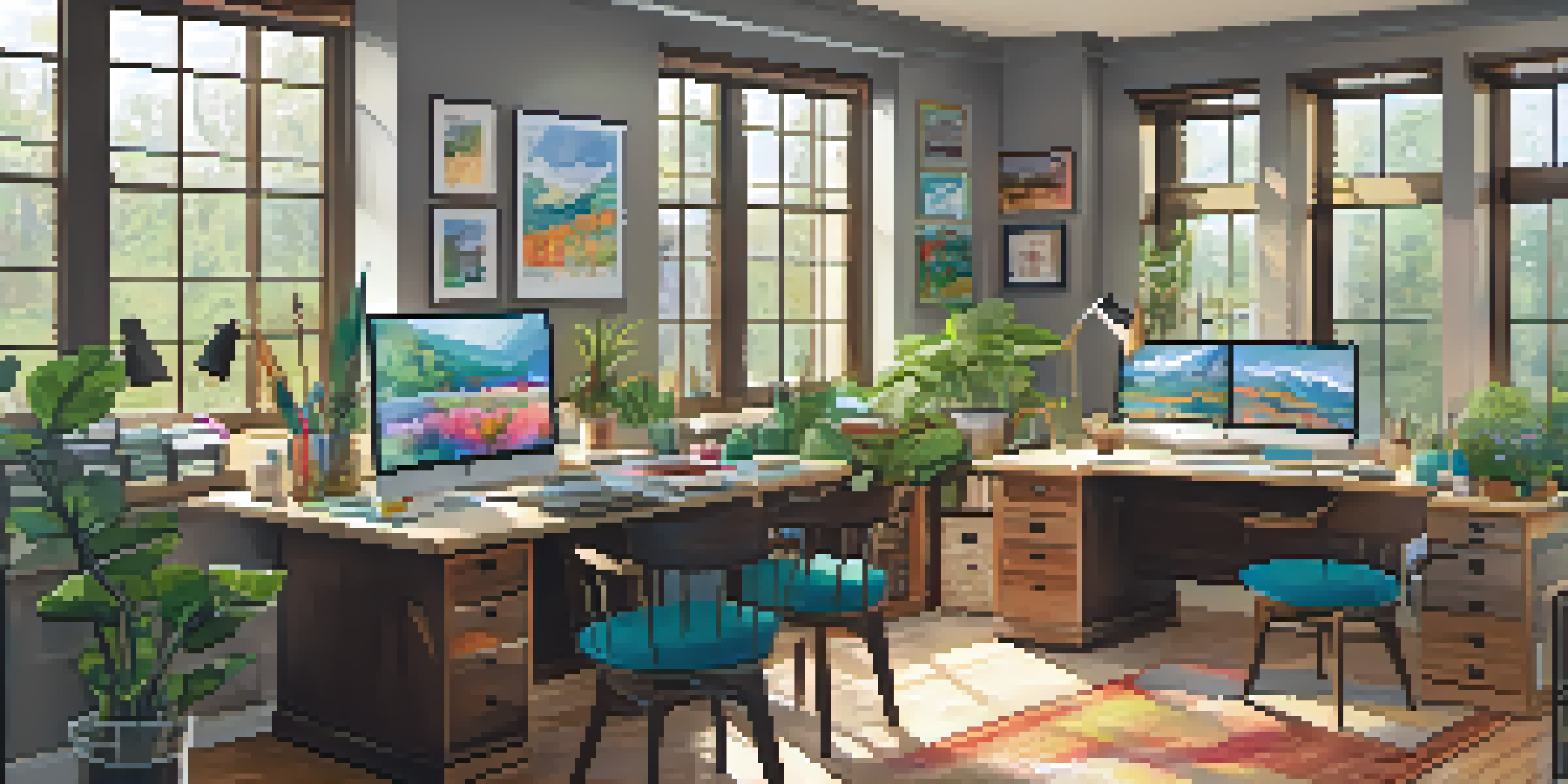 A bright and inviting office space with a dedicated arts and crafts corner, featuring colorful supplies and comfortable seating.