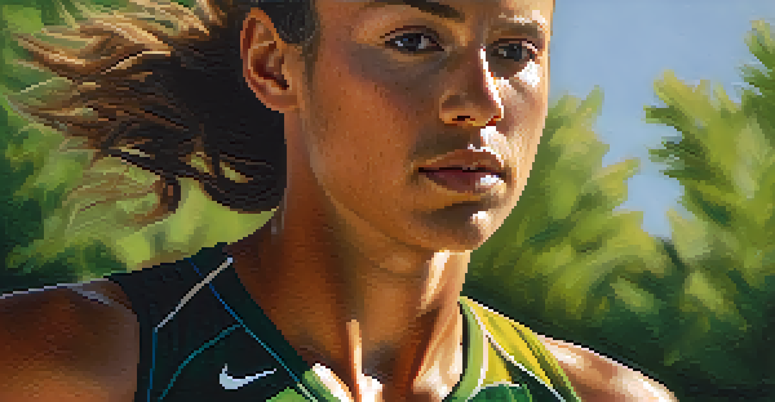 A close-up of a runner practicing deep breathing techniques on a track, surrounded by greenery in the early morning light.