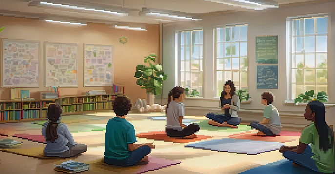 A cozy classroom with students practicing mindfulness in a calm and inviting environment, featuring soft lighting and plants.
