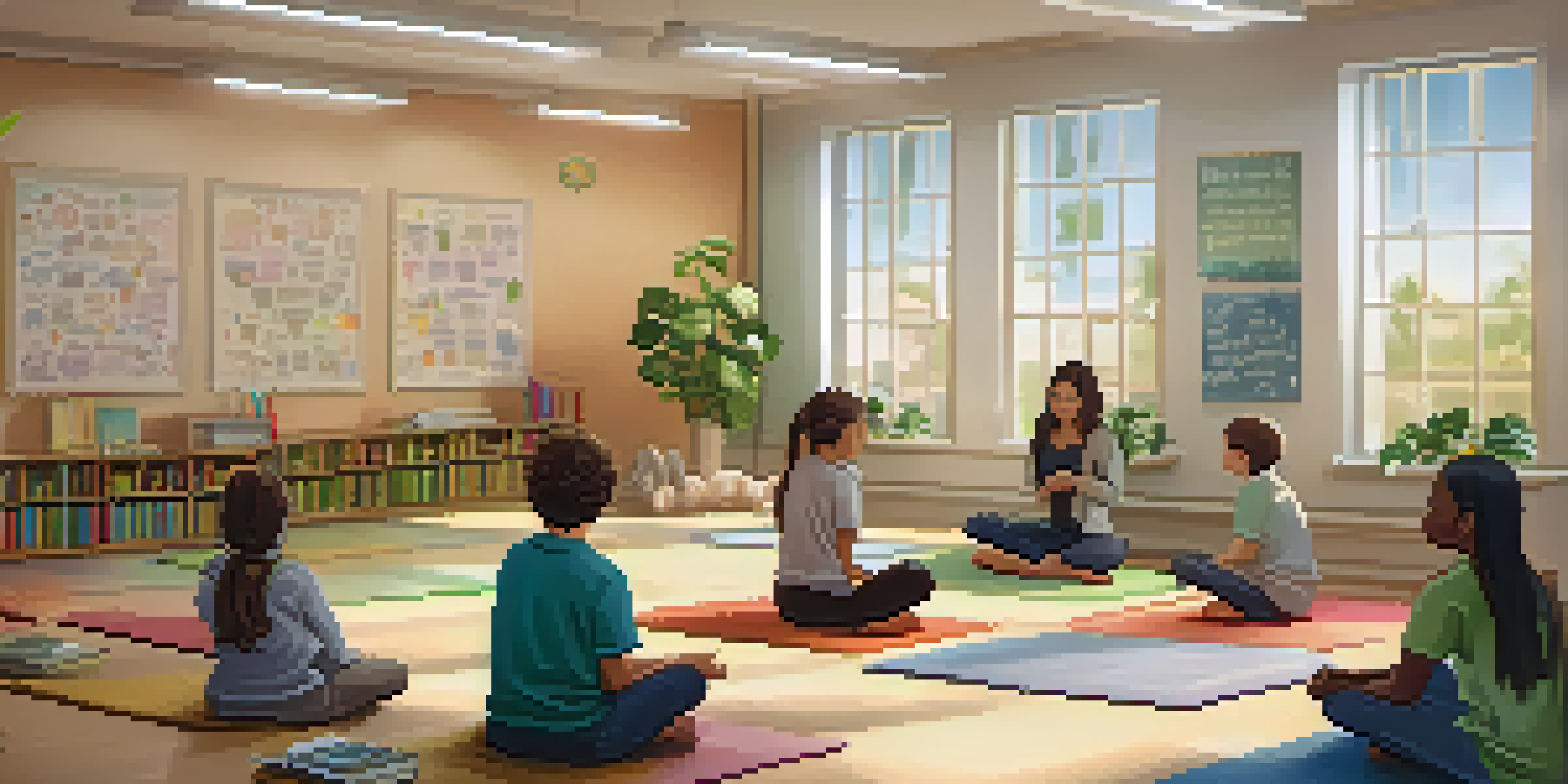A cozy classroom with students practicing mindfulness in a calm and inviting environment, featuring soft lighting and plants.