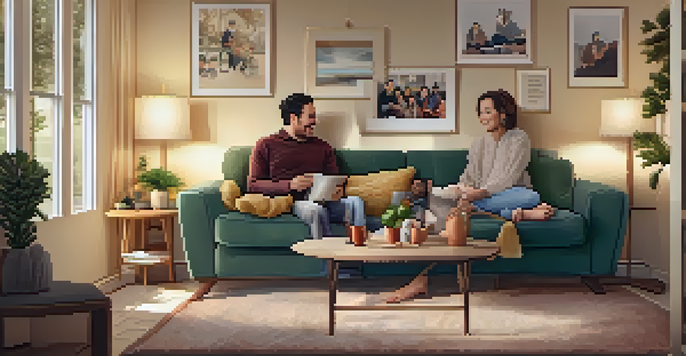 A cozy living room with family members gathered on a sofa, sharing laughter and stories in a warm, inviting setting.