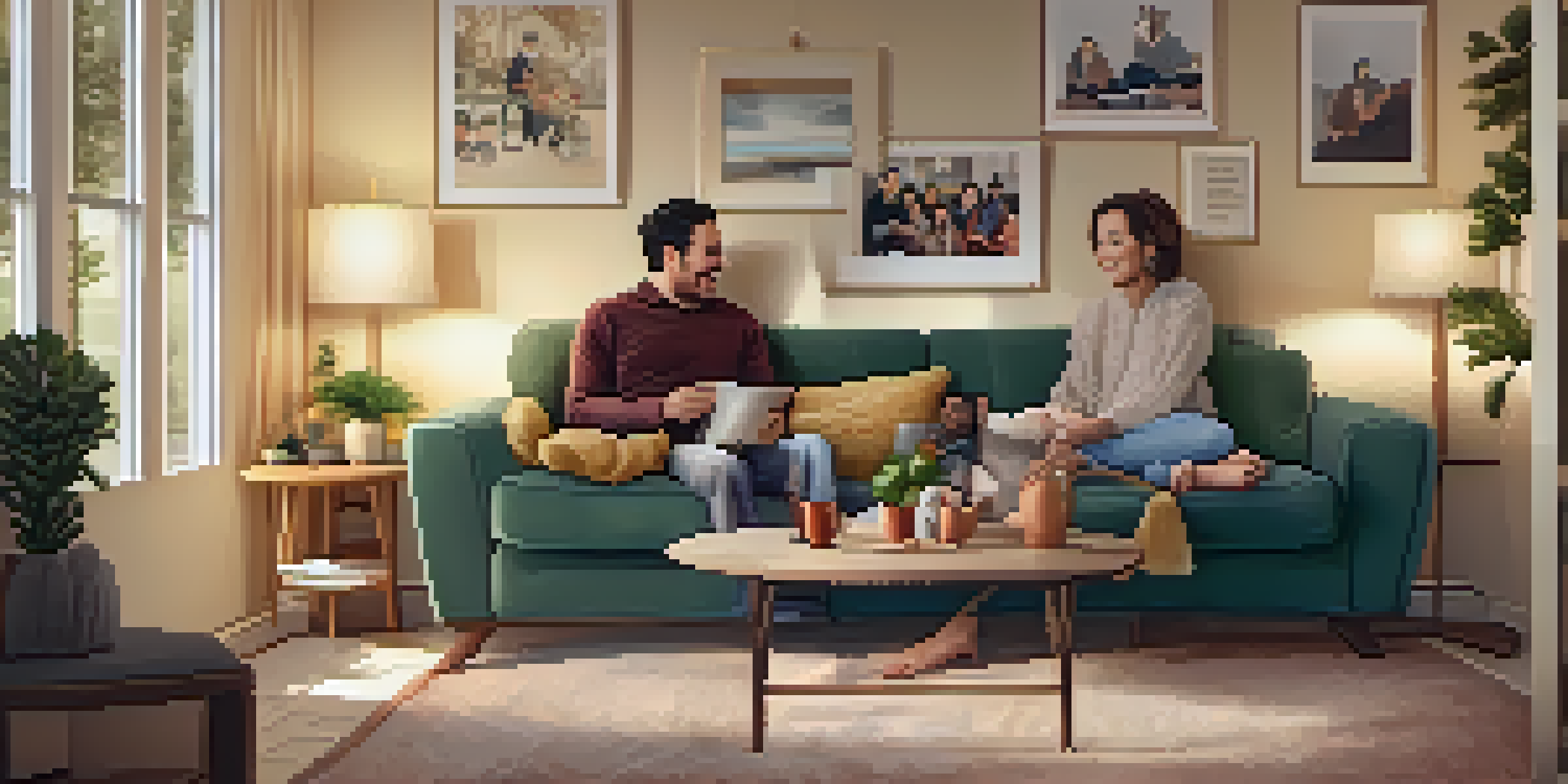 A cozy living room with family members gathered on a sofa, sharing laughter and stories in a warm, inviting setting.