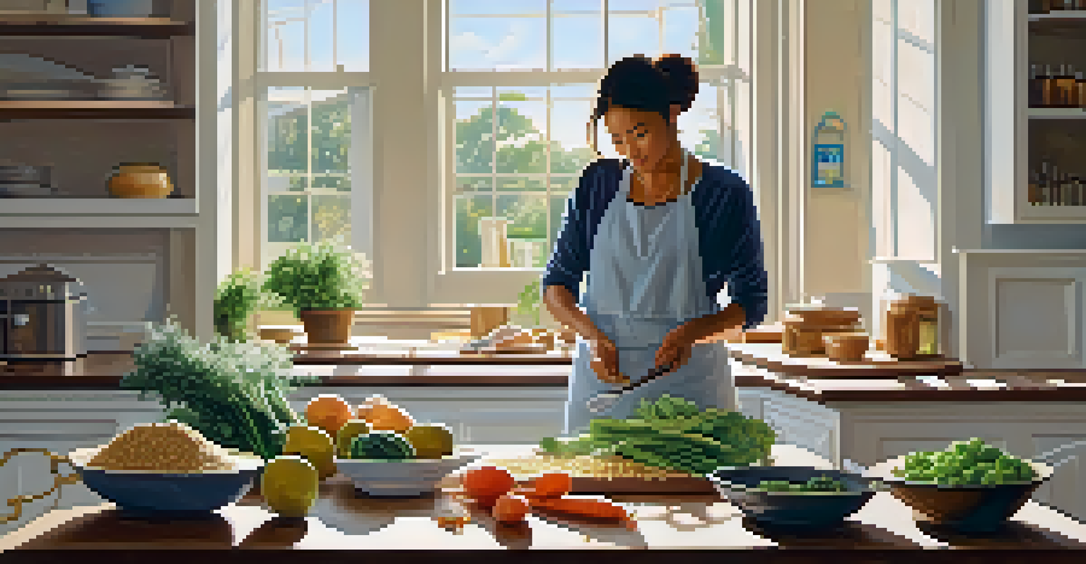 A person preparing a balanced meal in a bright kitchen with fresh ingredients on the countertop.