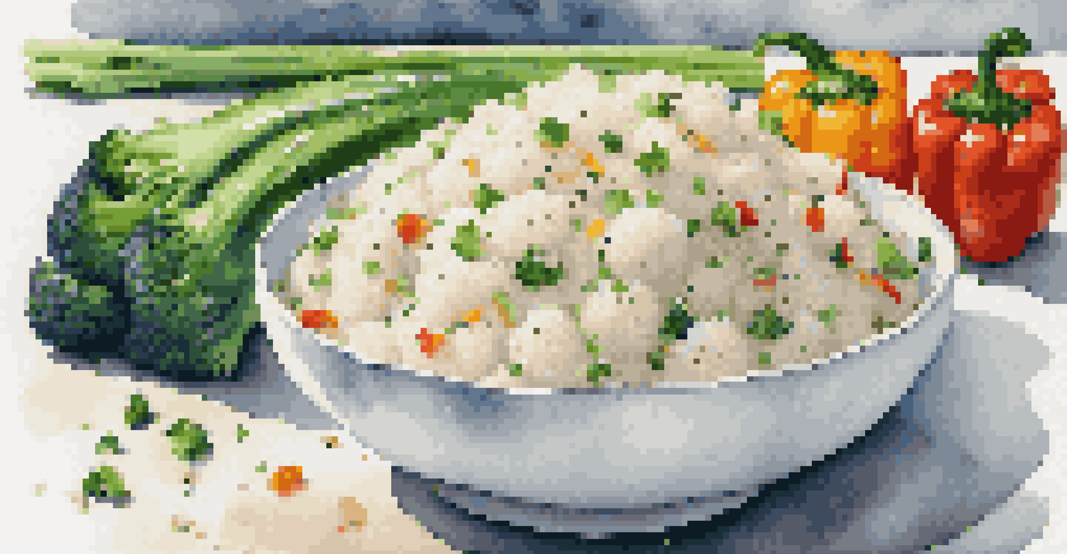 Close-up of cauliflower rice in a bowl, garnished with green onions and sesame seeds, surrounded by colorful vegetables.