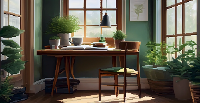 A peaceful workspace with a wooden desk, an open journal, a cup of herbal tea, and green plants, illuminated by soft light.