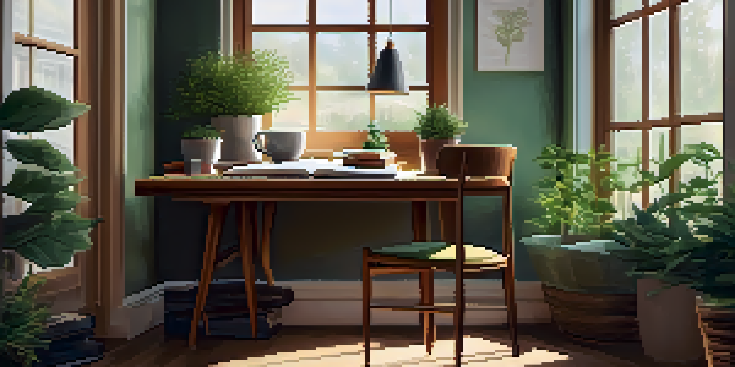 A peaceful workspace with a wooden desk, an open journal, a cup of herbal tea, and green plants, illuminated by soft light.