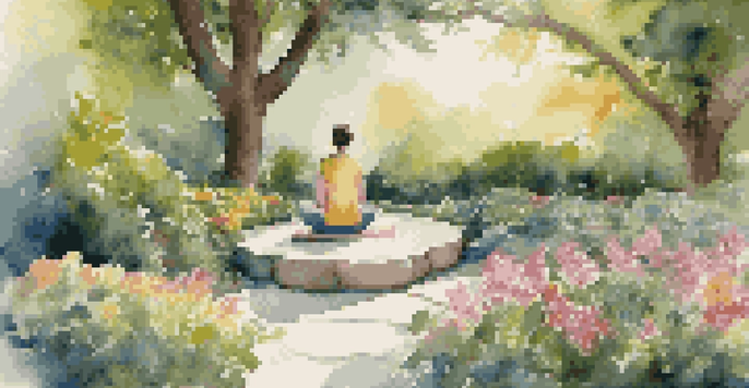 A person meditating in a tranquil garden filled with trees and colorful flowers, with soft sunlight filtering through the leaves.