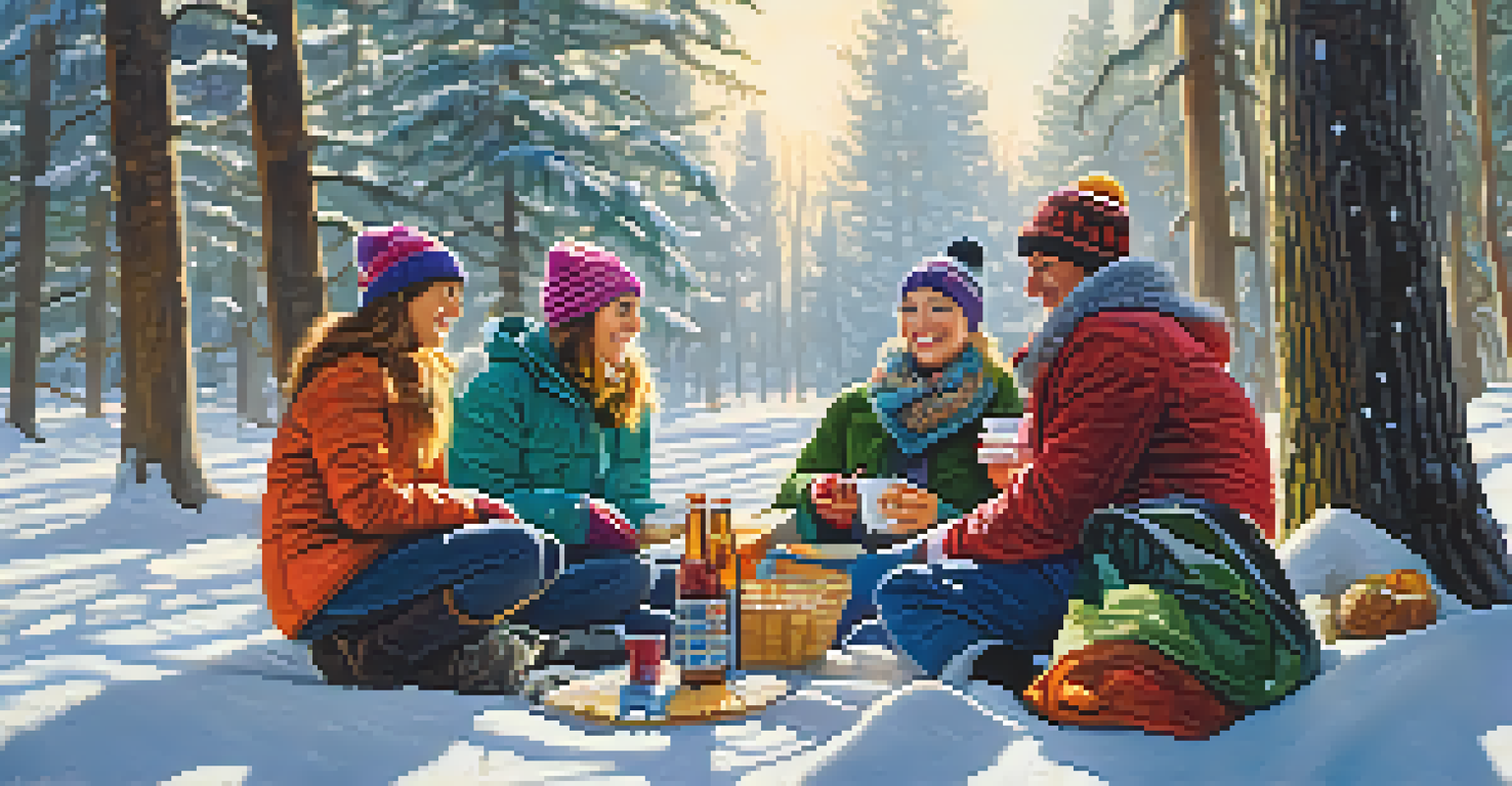 A group of friends having a winter picnic in a snowy park, dressed in colorful winter attire and surrounded by trees, sharing drinks and laughter.