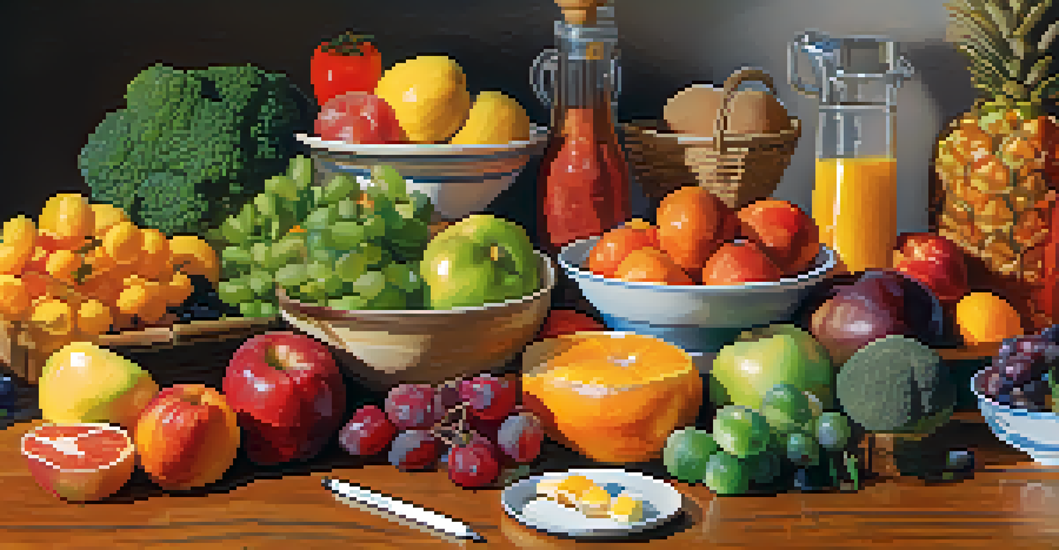 A kitchen table with a variety of colorful, nutritious foods and a notebook, symbolizing healthy eating and meal planning.