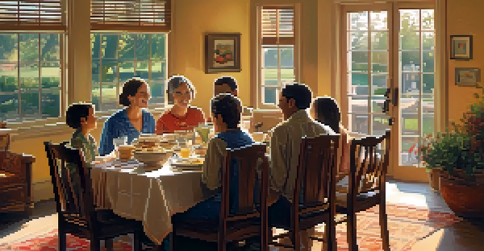 A diverse family gathered around a wooden dining table for dinner, sharing laughter and food in a cozy, warmly lit dining room.