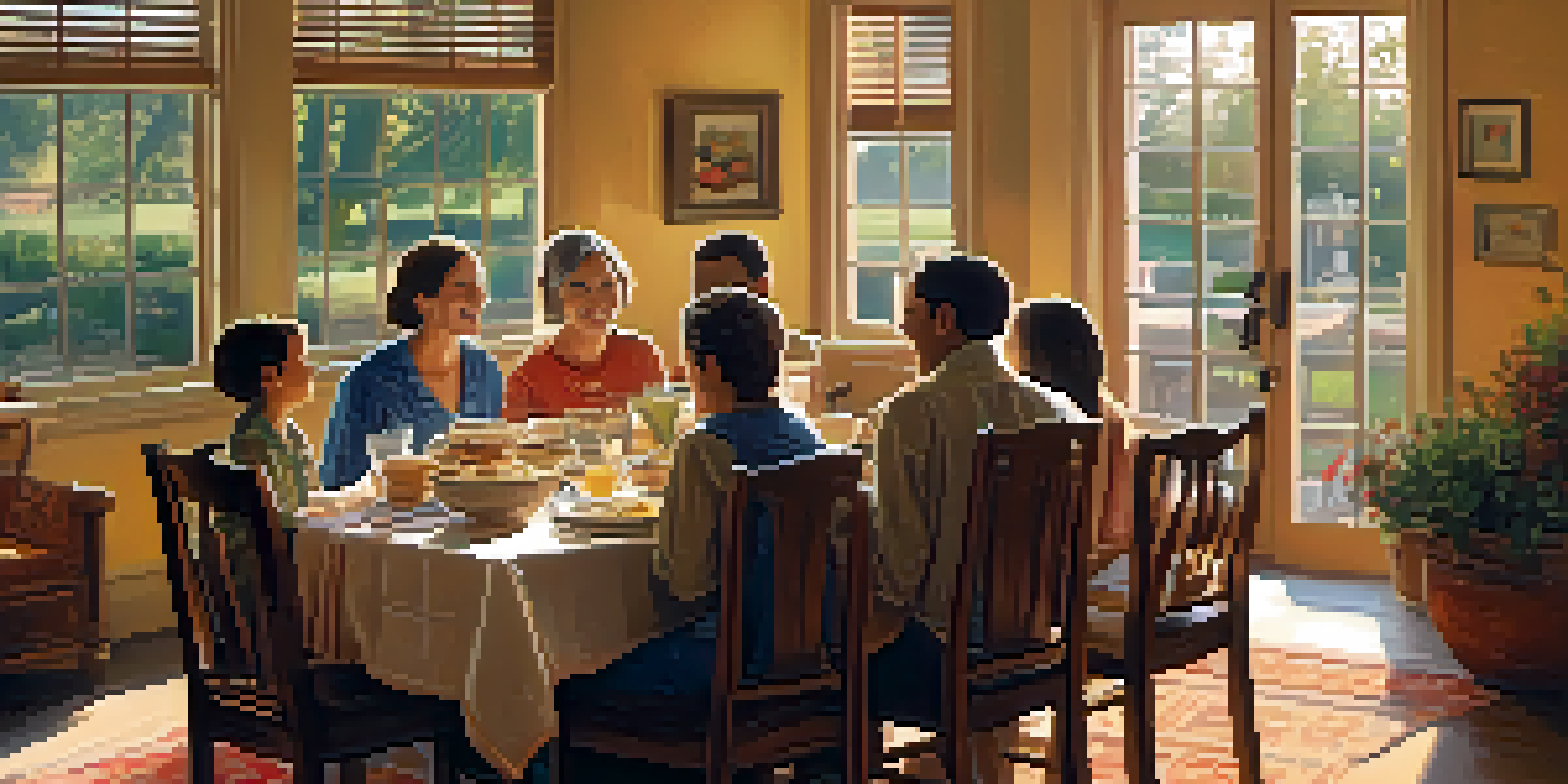 A diverse family gathered around a wooden dining table for dinner, sharing laughter and food in a cozy, warmly lit dining room.