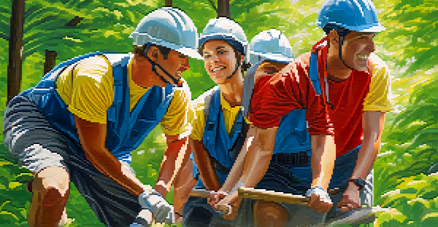 A group of colleagues working together on an outdoor team-building activity, showcasing teamwork and collaboration.