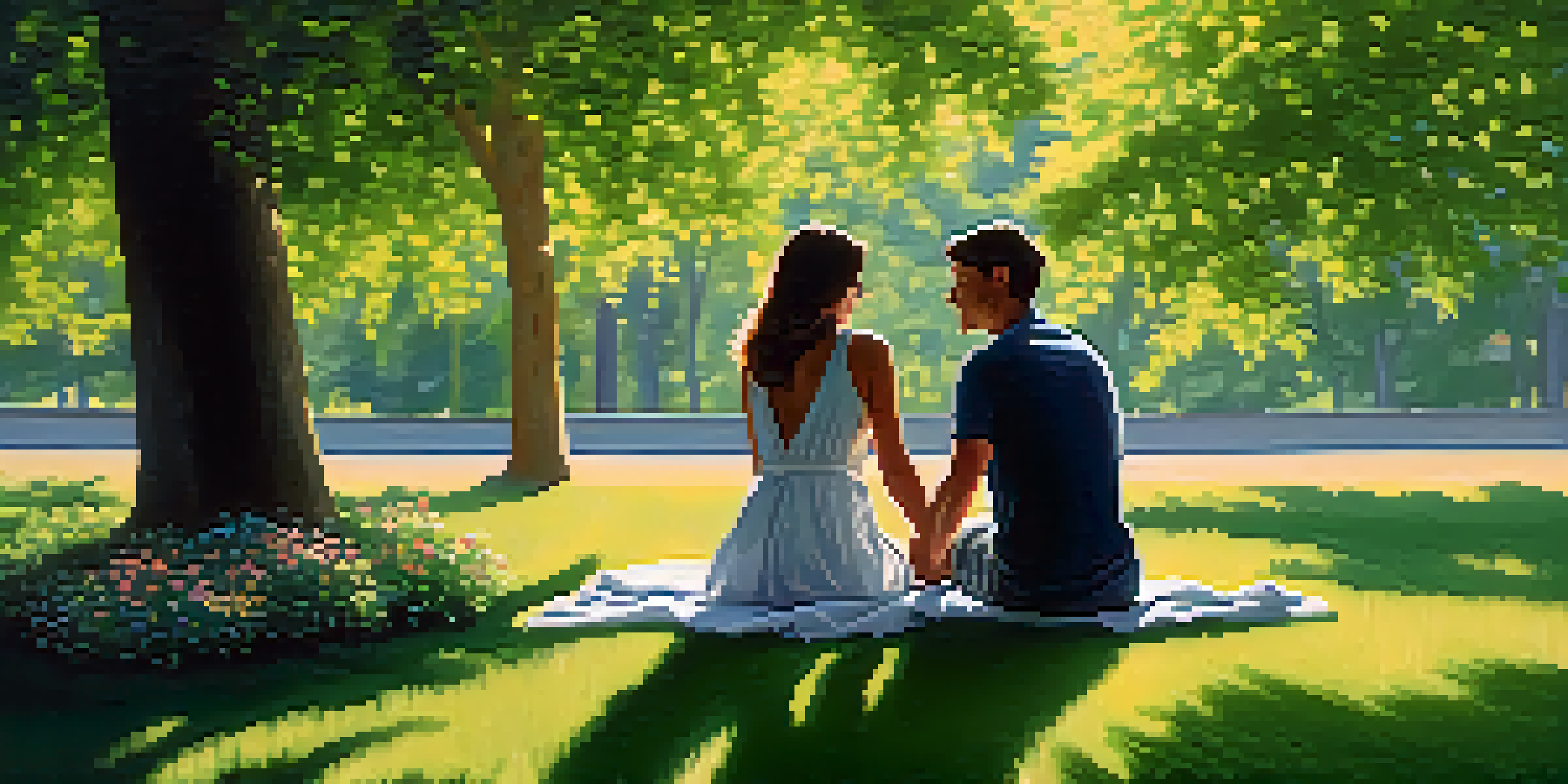 A couple holding hands in a sunlit park filled with blooming flowers and trees, enjoying a peaceful moment together.