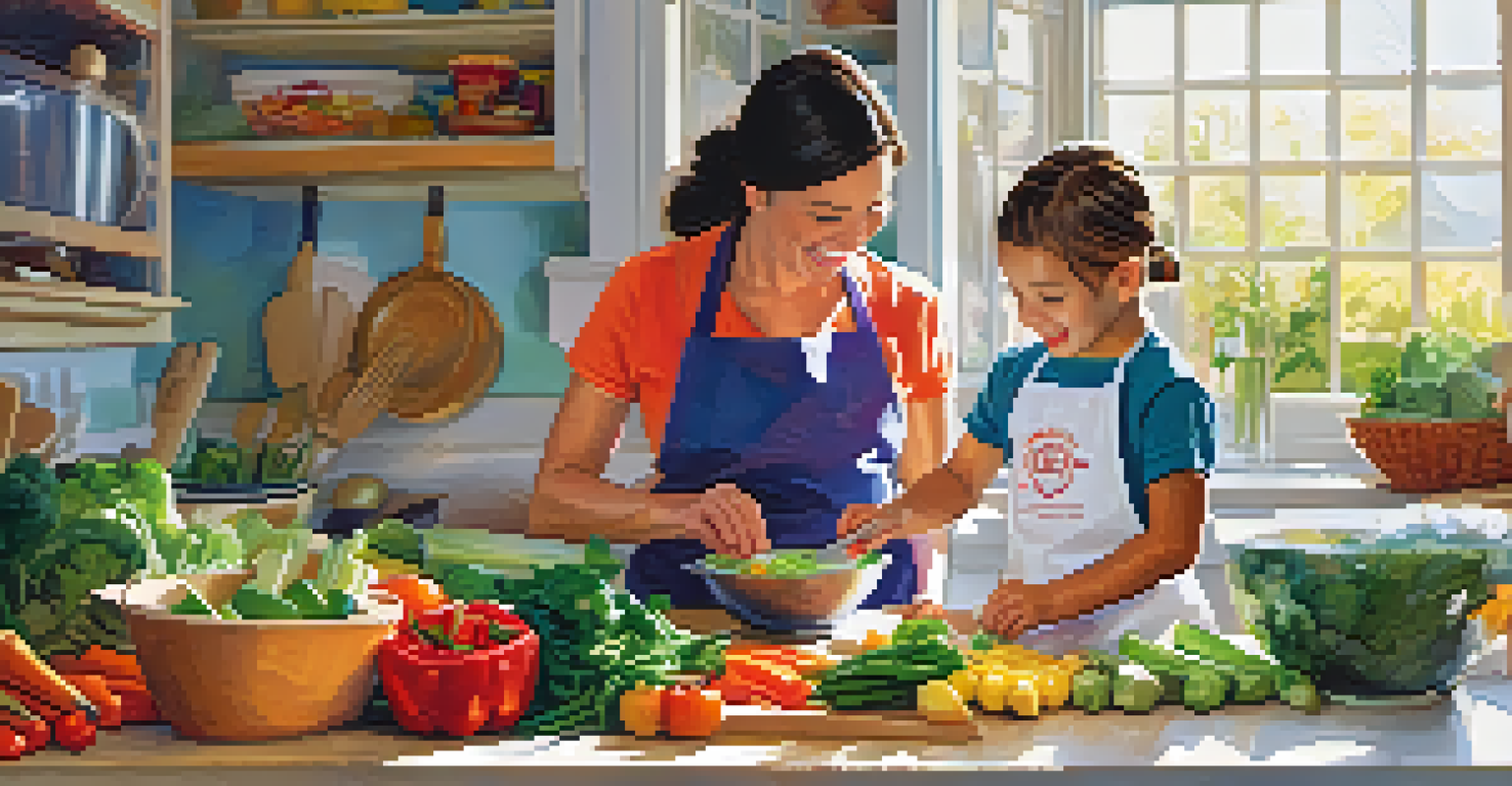 A child assisting a parent in the kitchen, measuring ingredients for a stir-fry, showcasing a vibrant and joyful cooking experience.
