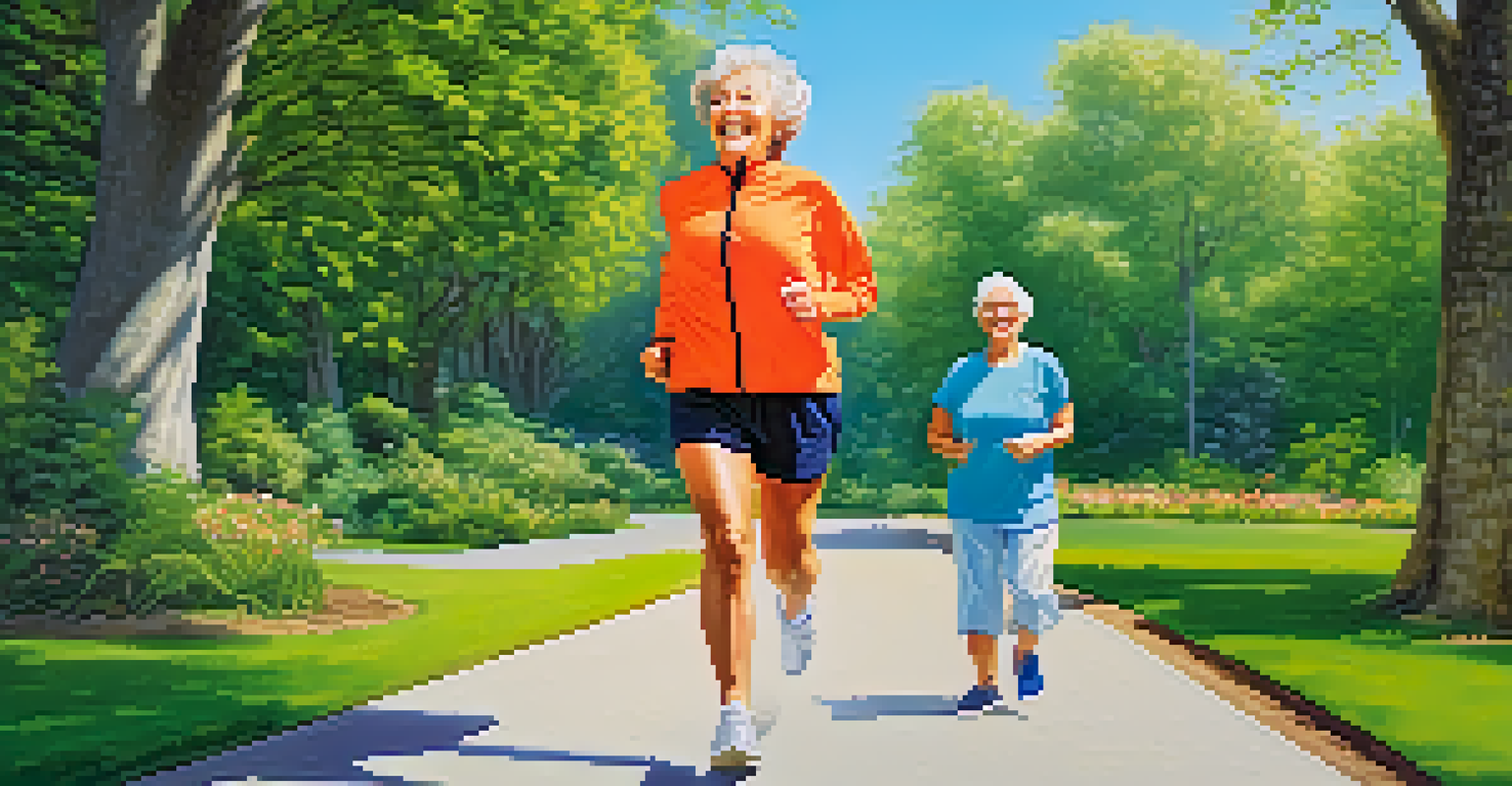 A health coach jogging with an elderly woman in a vibrant park, promoting an active lifestyle.