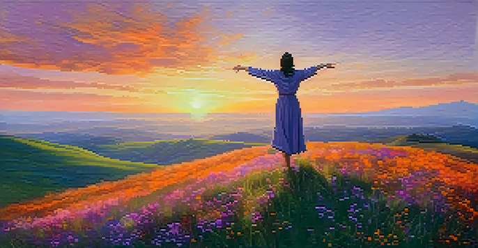 A person standing on a hilltop at sunset with arms outstretched, surrounded by wildflowers, representing the theme of letting go.