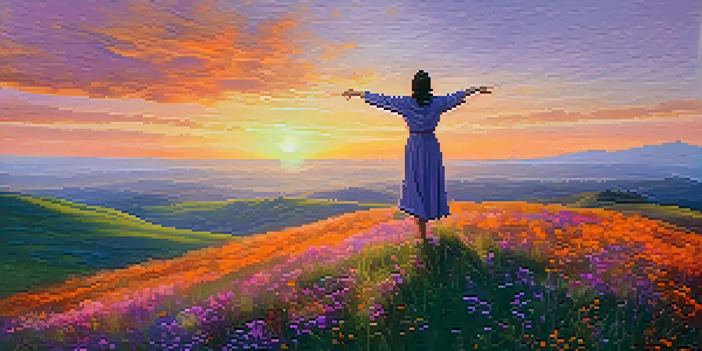 A person standing on a hilltop at sunset with arms outstretched, surrounded by wildflowers, representing the theme of letting go.