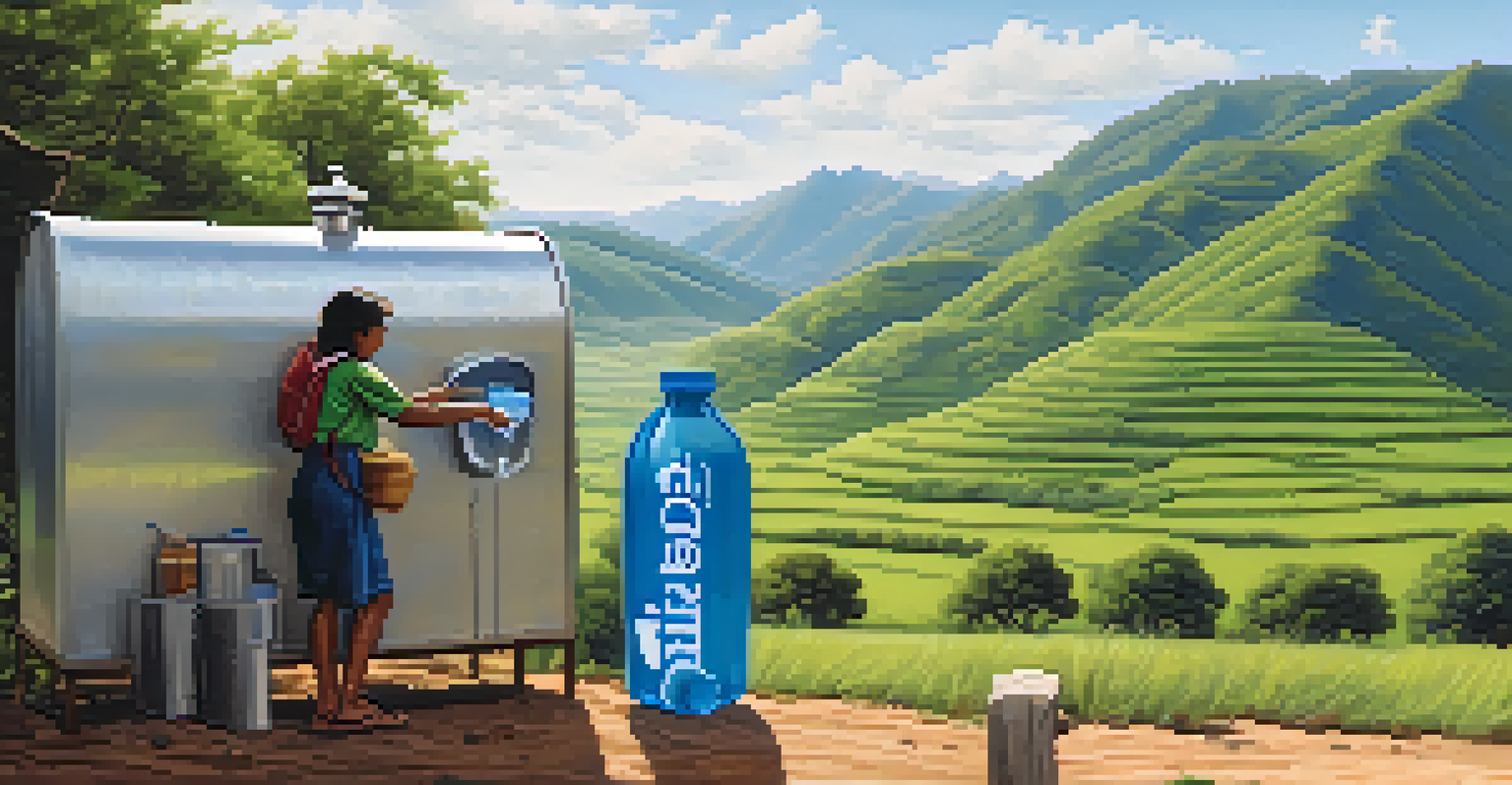 A traveler filling a reusable bottle with purified water at a water station, set against a scenic landscape of hills and blue skies.