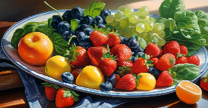 A colorful plate of fresh fruits and vegetables arranged artistically under natural sunlight.