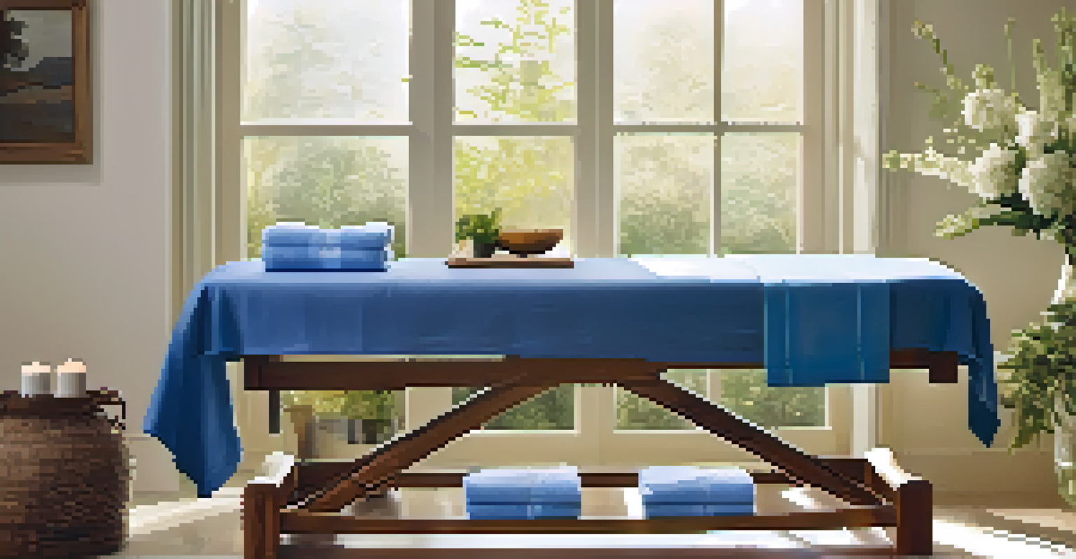A calming massage setup with a blue sheet, essential oils in glass bottles, and fresh flowers, creating a serene atmosphere.
