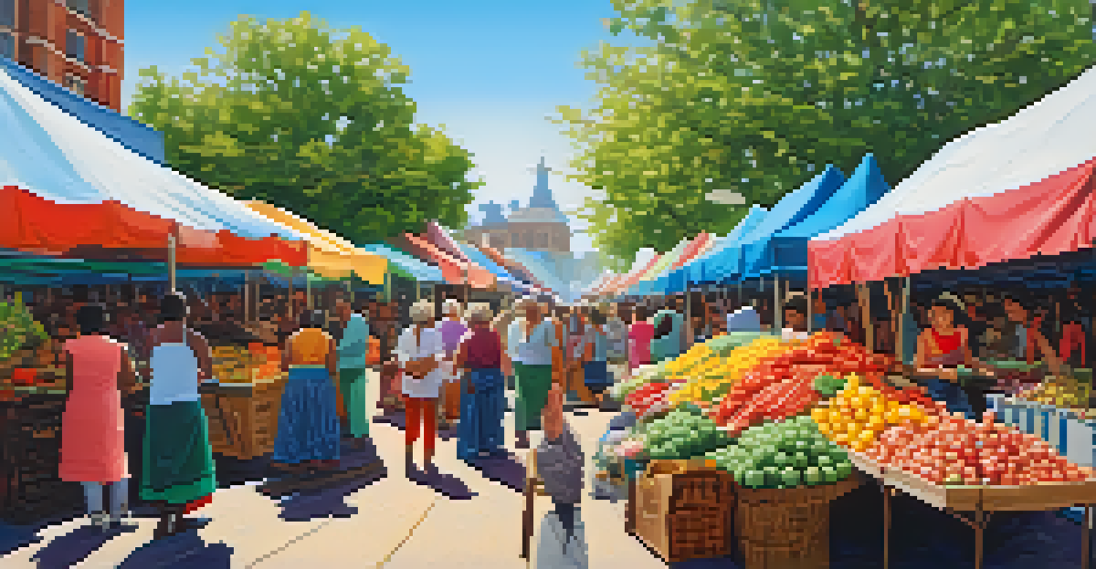 An outdoor market full of colorful stalls, with diverse people interacting and sharing stories under a bright blue sky.