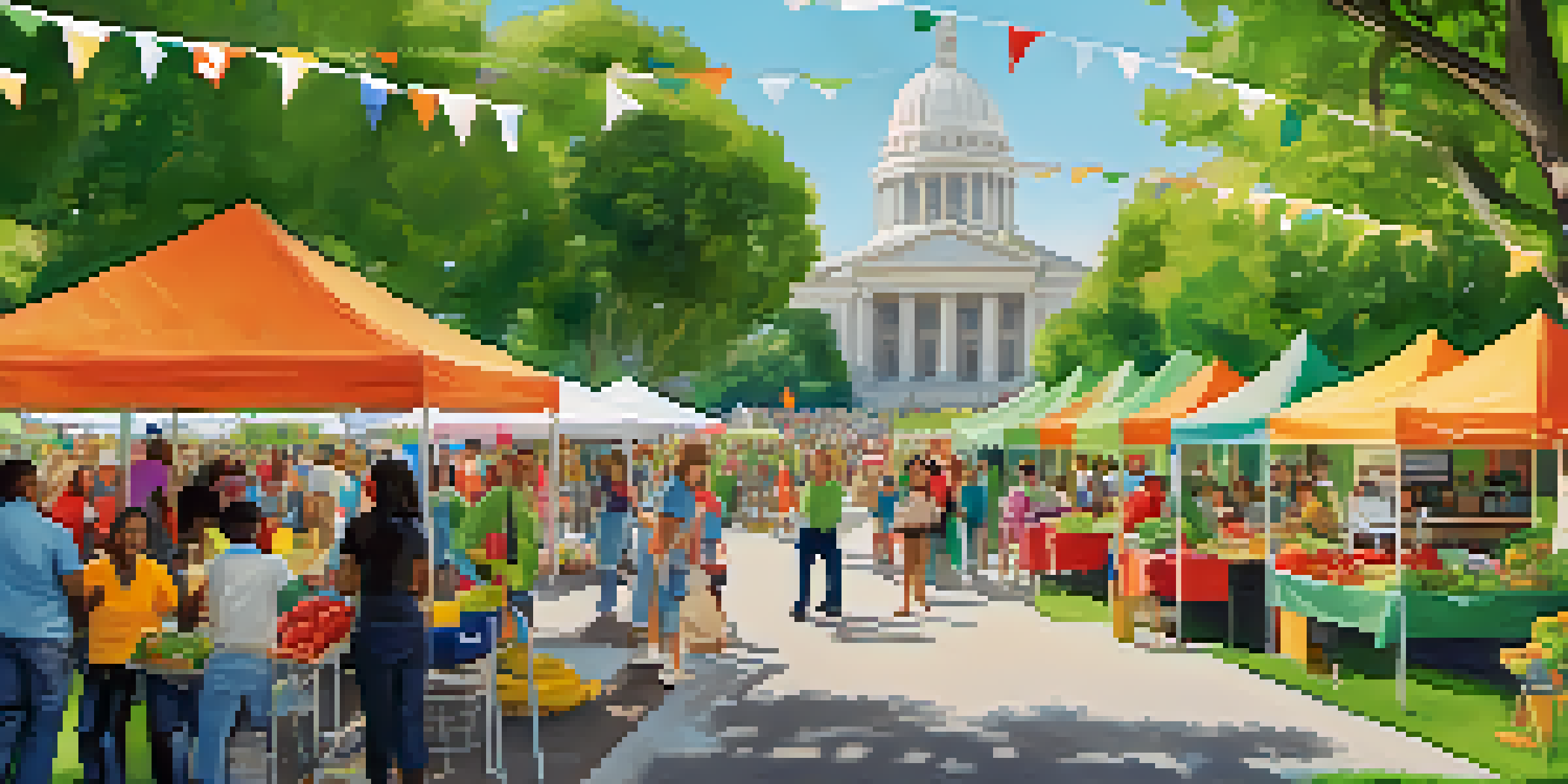 A community health fair in a sunny park, with booths, fitness activities, and families sampling fresh produce.
