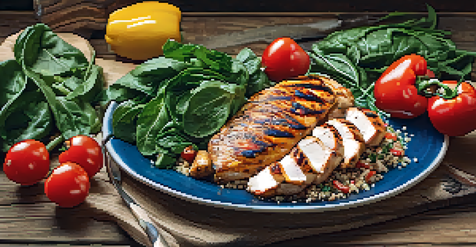 A colorful post-workout meal with grilled chicken, quinoa, and fresh vegetables on a wooden table, illuminated by natural light.