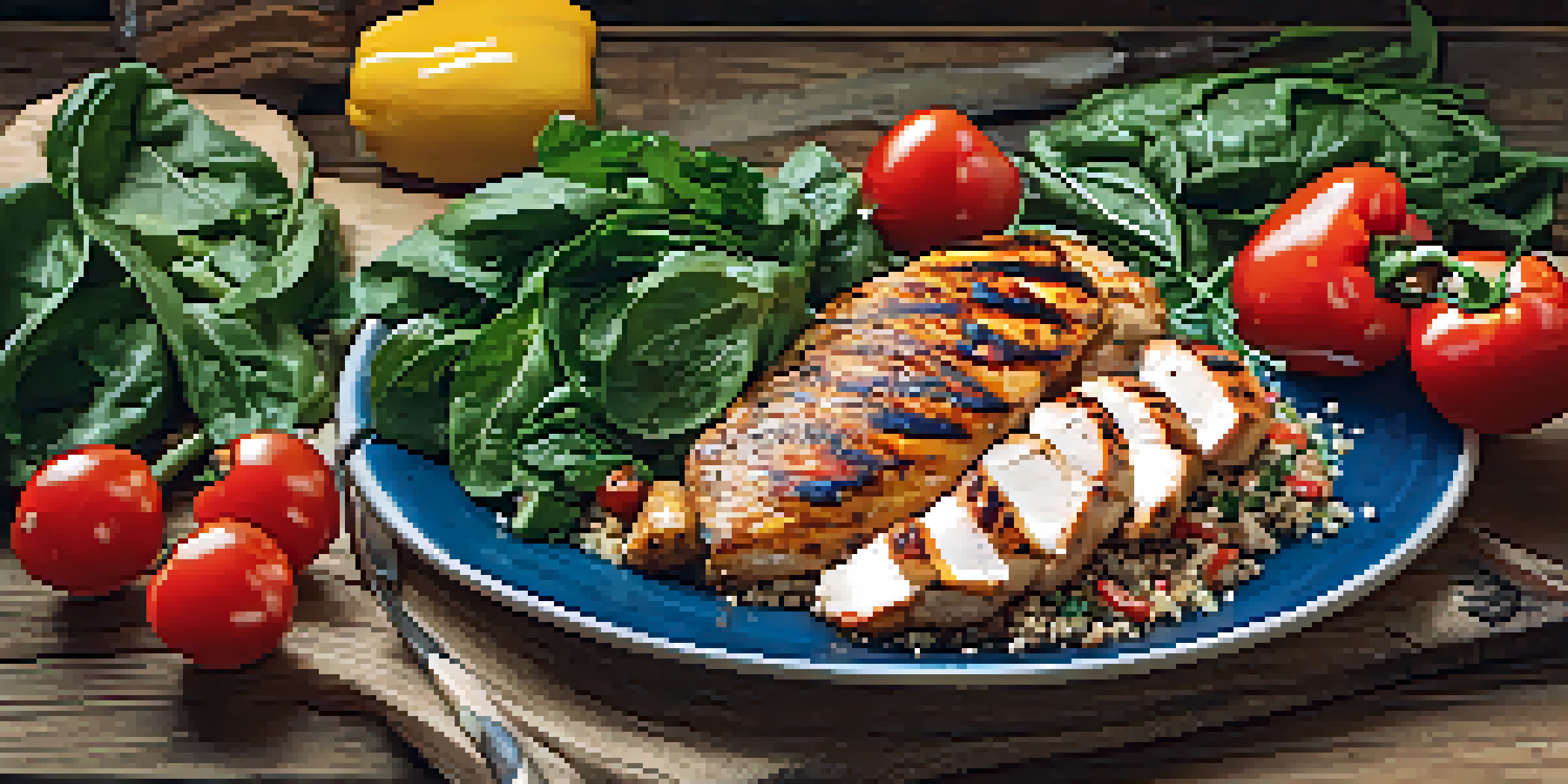A colorful post-workout meal with grilled chicken, quinoa, and fresh vegetables on a wooden table, illuminated by natural light.