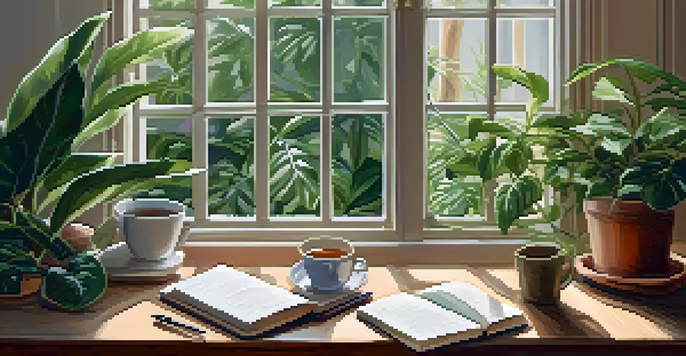 A cozy workspace with a cup of tea, an open journal, and indoor plants under soft natural light.