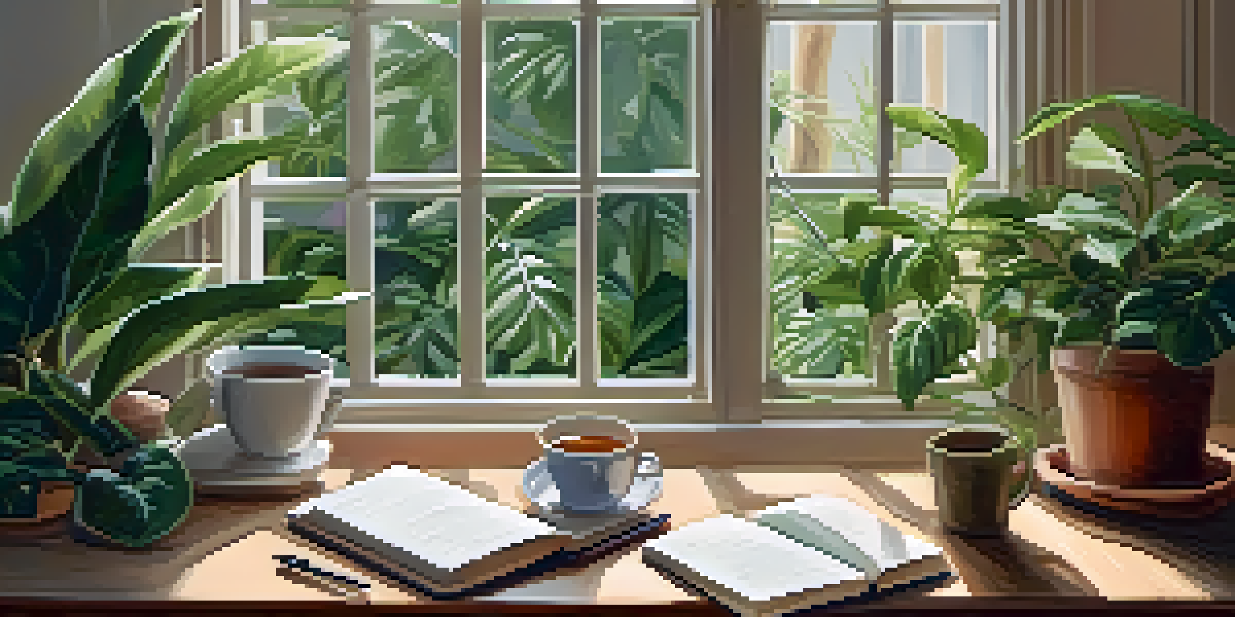 A cozy workspace with a cup of tea, an open journal, and indoor plants under soft natural light.