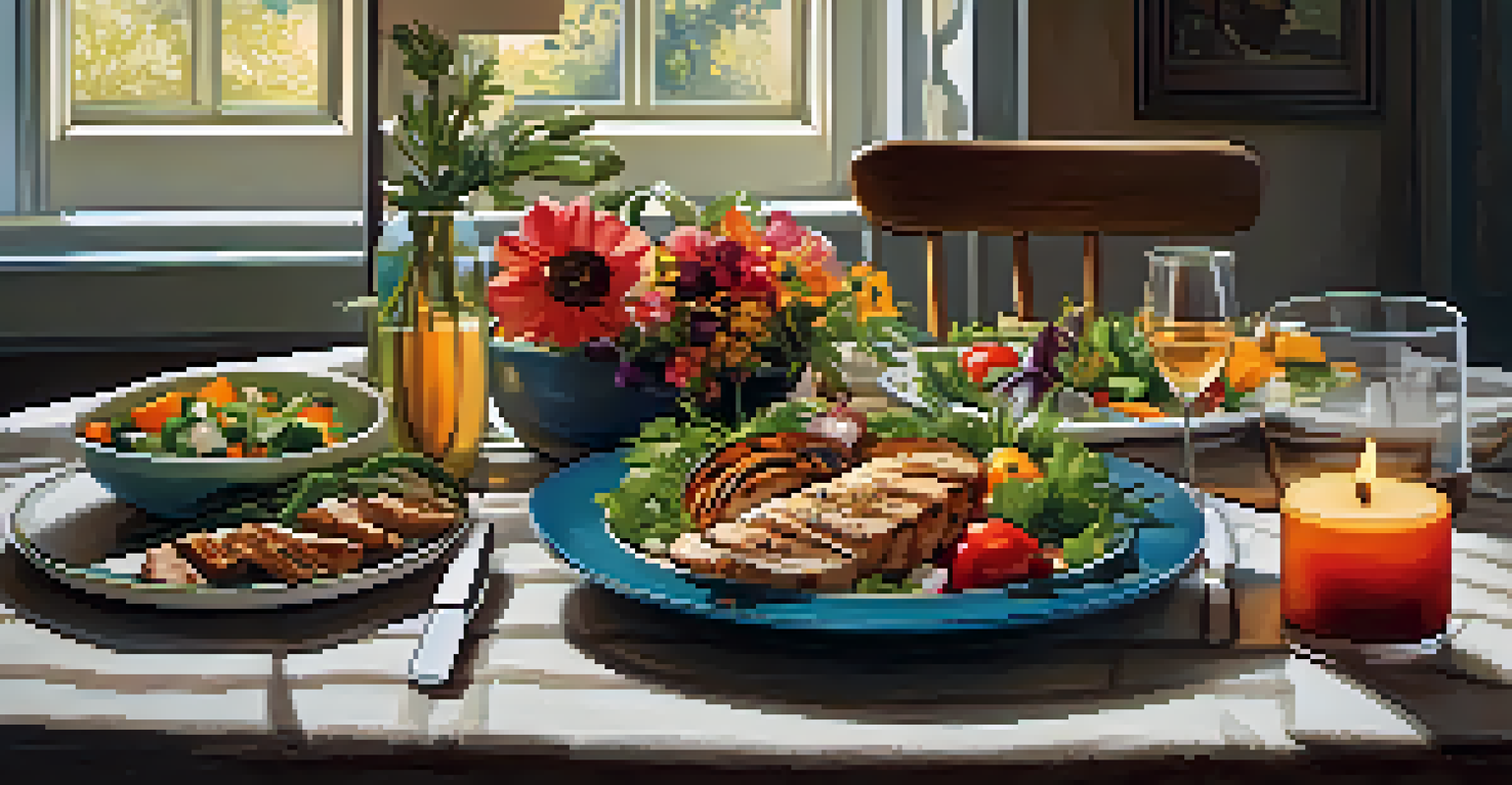 A cozy dining table with a plate of leftovers transformed into a colorful salad topped with grilled chicken, surrounded by soft candlelight and flowers.