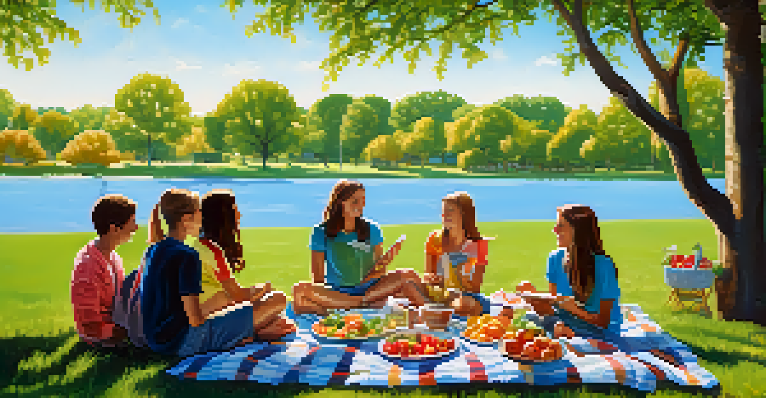 A group of happy adolescents enjoying a healthy picnic in a park.