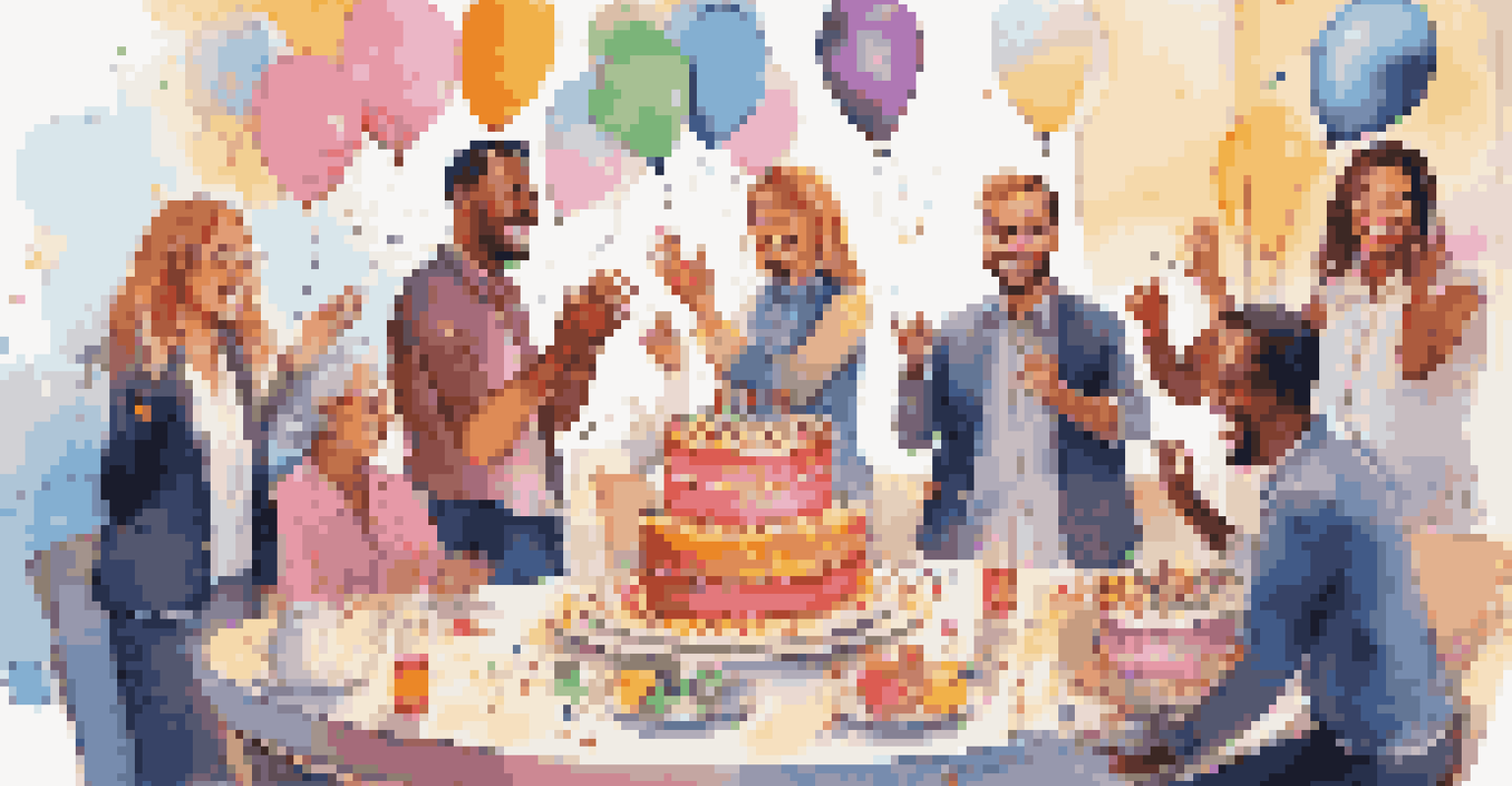 A joyful workplace celebration with a team gathered around a cake, filled with balloons and smiles.