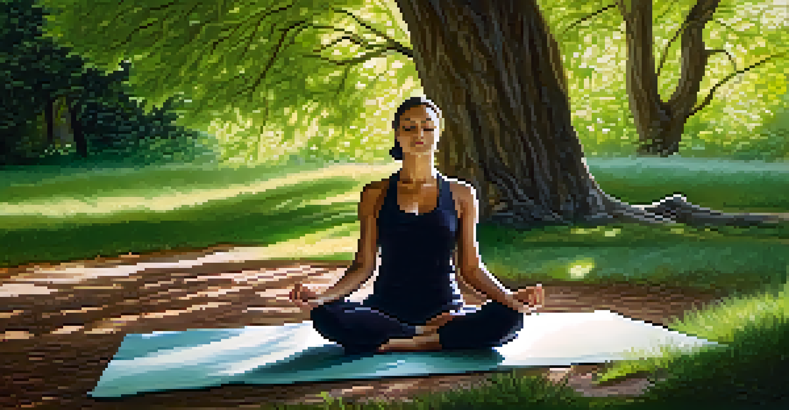 A woman doing yoga in a serene park, surrounded by greenery and sunlight, reflecting peace and mindfulness.