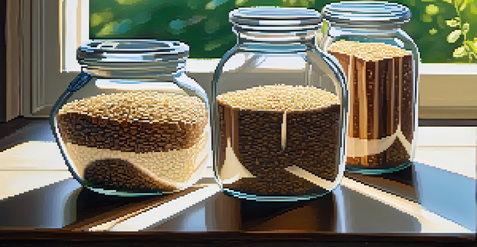 A wooden table with different whole grains in jars, illuminated by soft sunlight, with a green plant in the background.