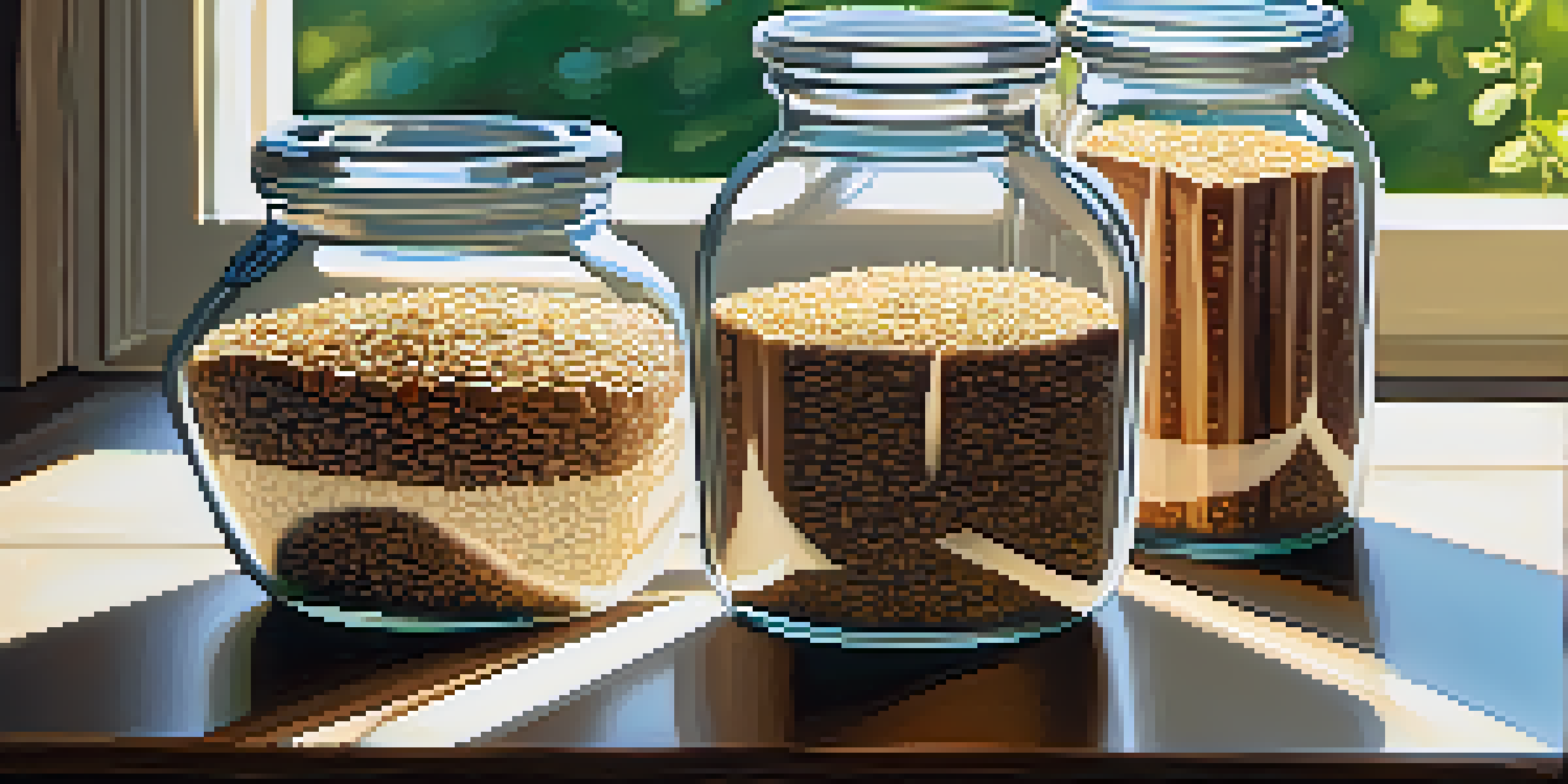 A wooden table with different whole grains in jars, illuminated by soft sunlight, with a green plant in the background.