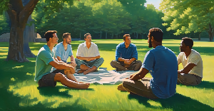 A group of diverse men having an open conversation in a sunny outdoor setting, showcasing empathy and support.