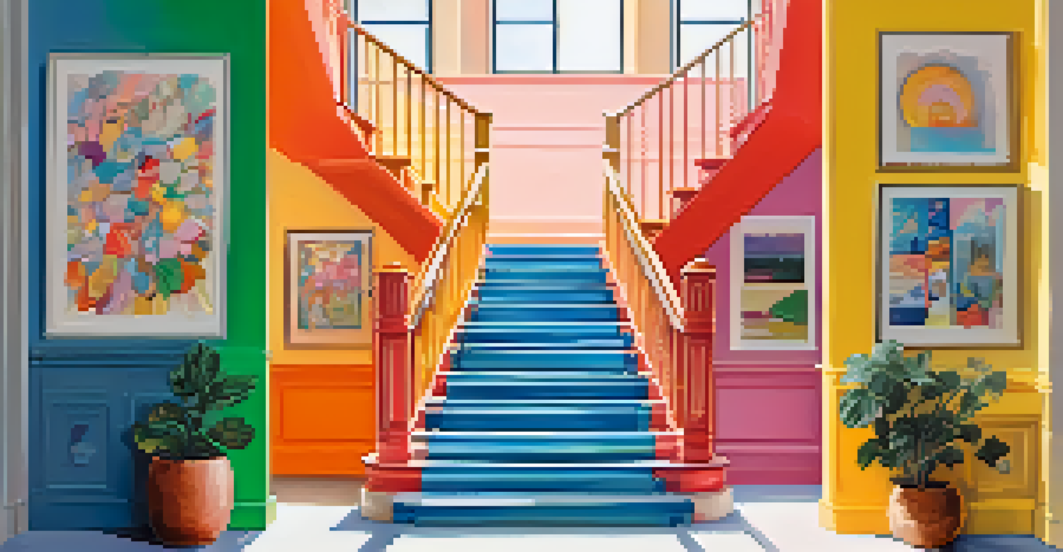 A staircase ascending with steps labeled with positive affirmations, surrounded by bright colors to evoke feelings of progress and motivation.