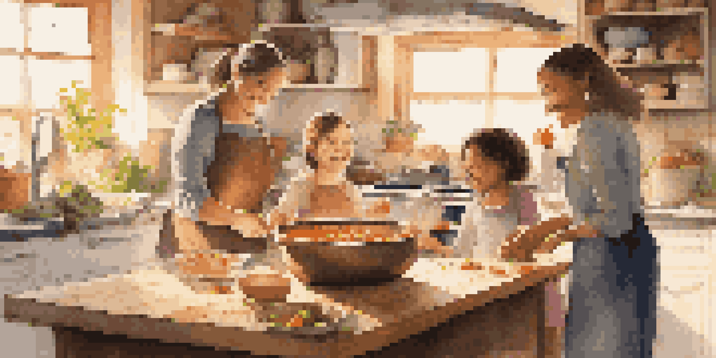 A family of four cooking together in a warm kitchen, surrounded by fresh ingredients and laughter.