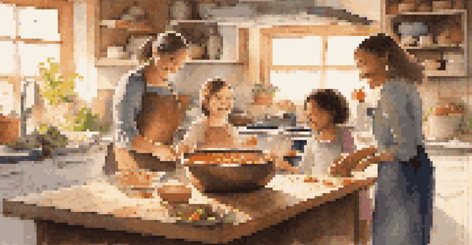 A family of four cooking together in a warm kitchen, surrounded by fresh ingredients and laughter.