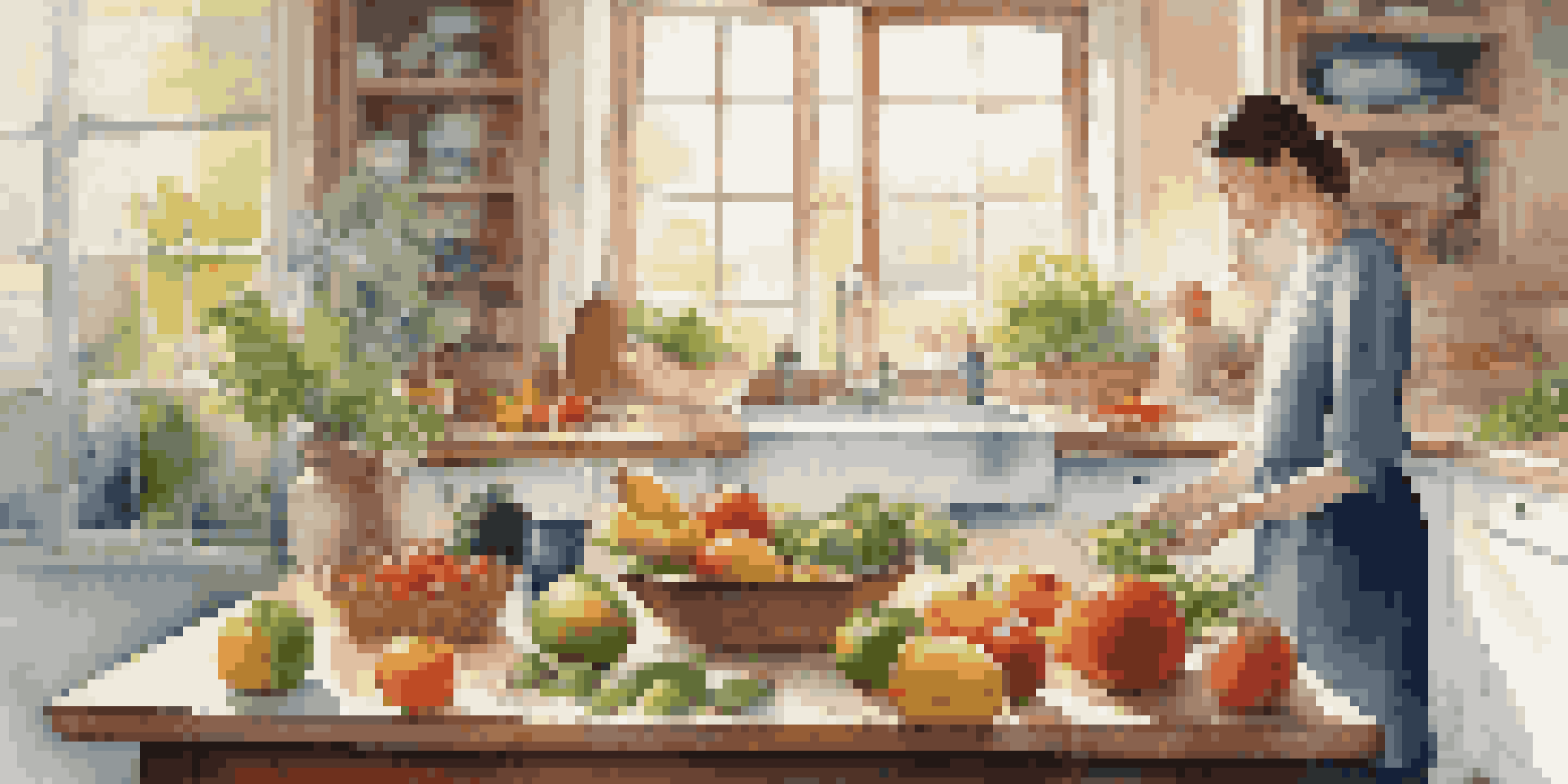 A bright kitchen with a wooden table displaying an array of colorful fruits and vegetables, with a person preparing a meal in the background.