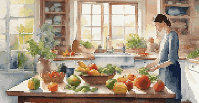 A bright kitchen with a wooden table displaying an array of colorful fruits and vegetables, with a person preparing a meal in the background.