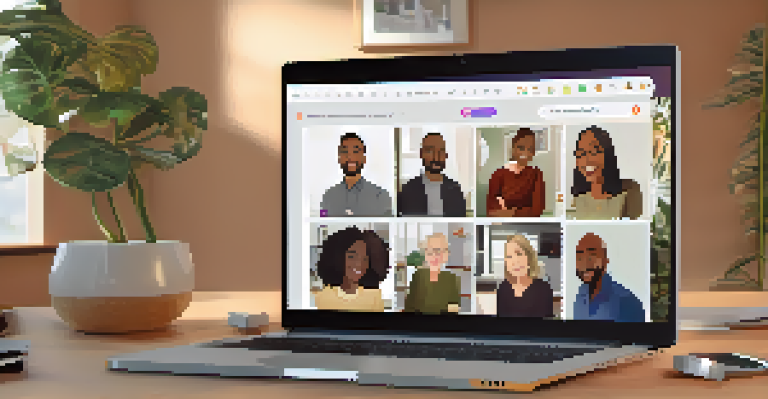 A virtual support group meeting on a computer screen with participants sharing experiences in a cozy living room.