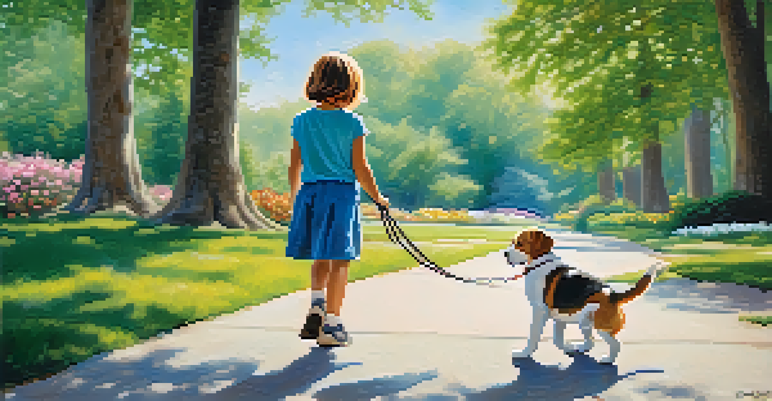 A foster child walking a playful beagle in a sunny park filled with trees and flowers.