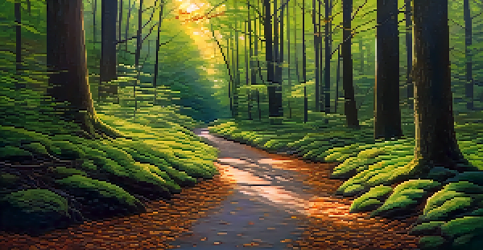 A peaceful forest path with sunlight shining through the trees and a stream nearby.