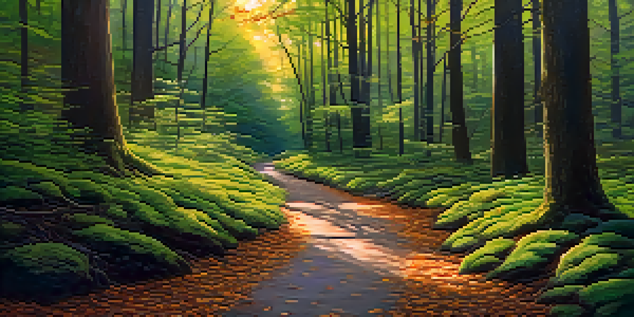 A peaceful forest path with sunlight shining through the trees and a stream nearby.