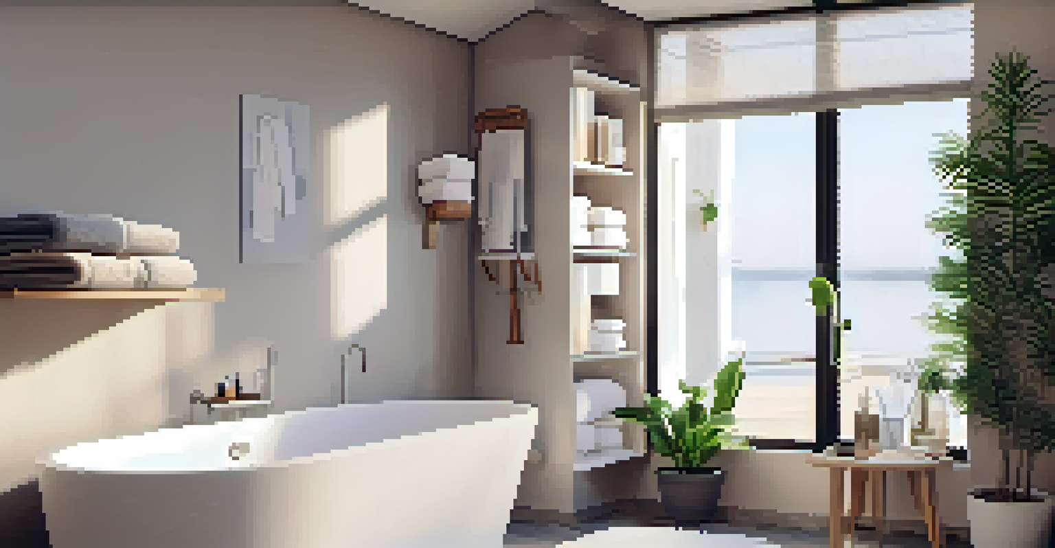 A minimalist bathroom with eco-friendly cleaning products, soft towels, candles, and a plant, illuminated by natural light.