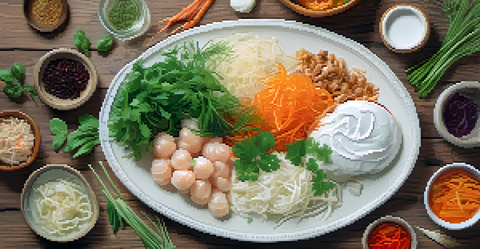 A colorful plate of fermented foods like kimchi and yogurt, emphasizing gut health in a rustic kitchen environment.