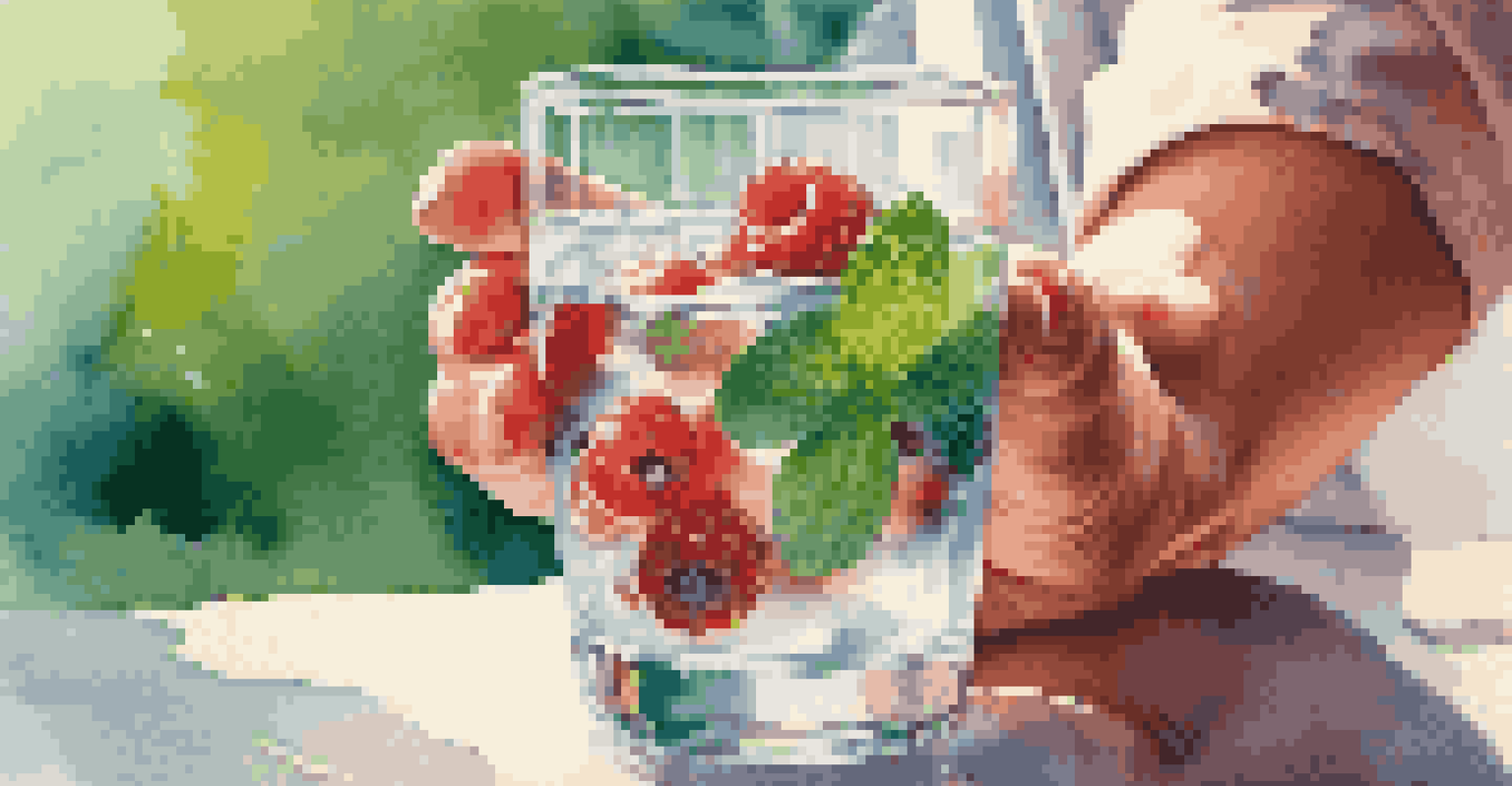 A person holding a glass of water with berries and mint against a sunny garden background.